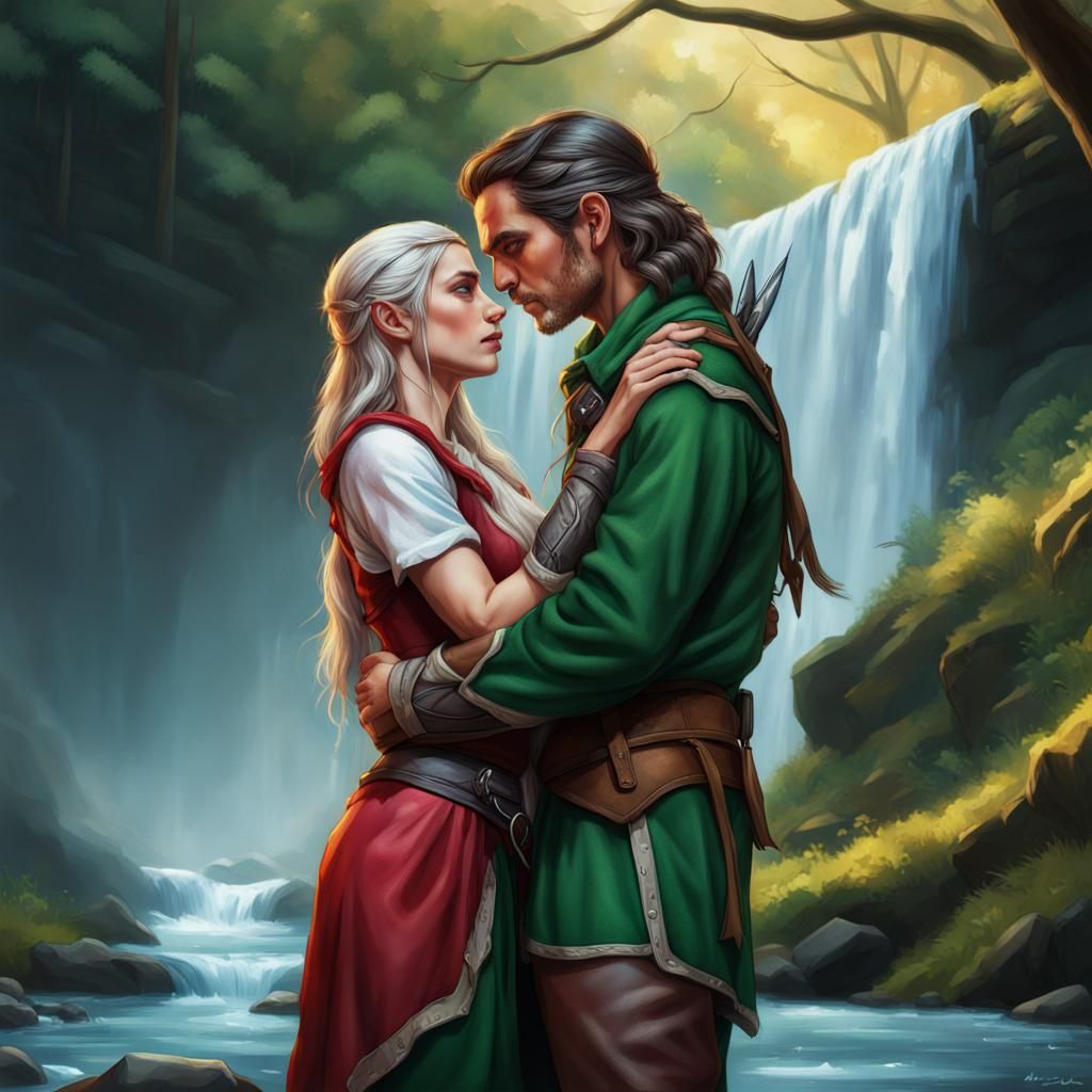 Ranger and Elf Embrace by Waterfall