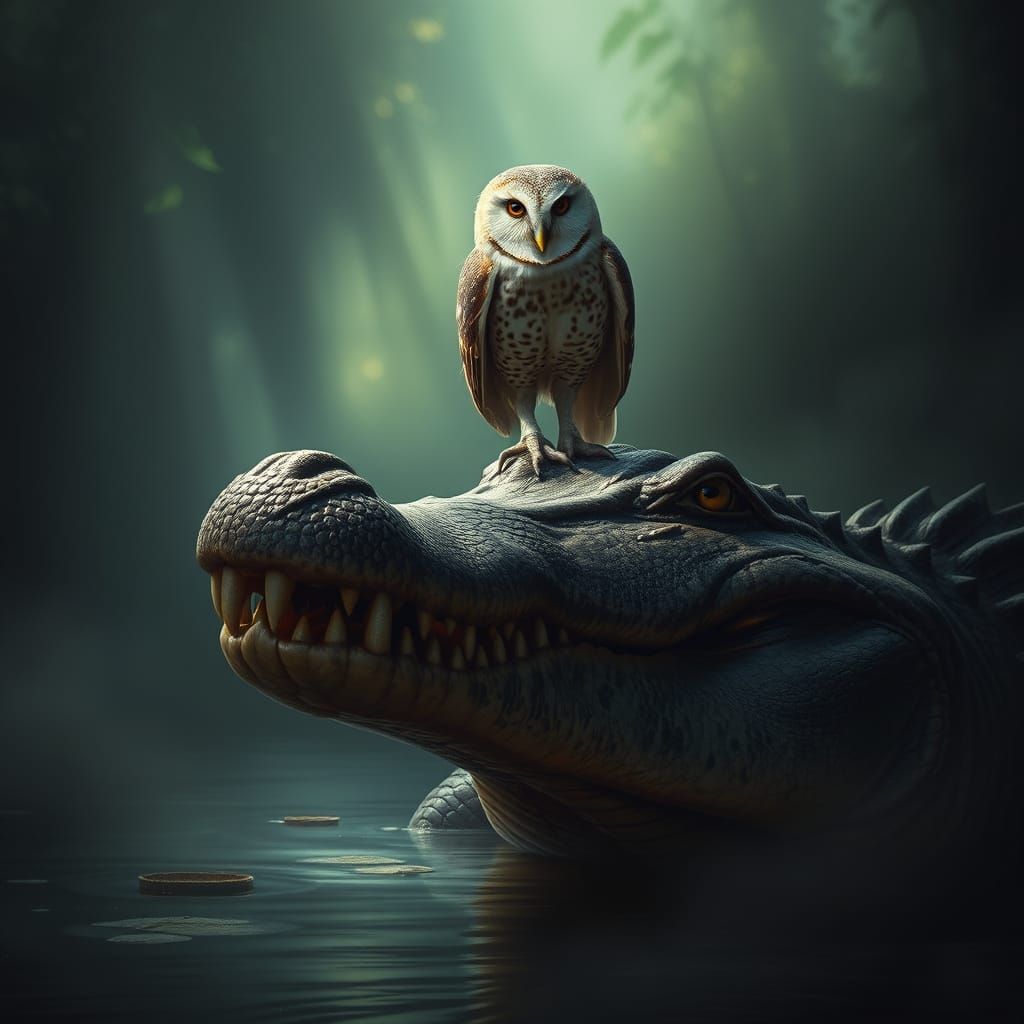 Majestic Barn Owl on Crocodile in Misty Swamp