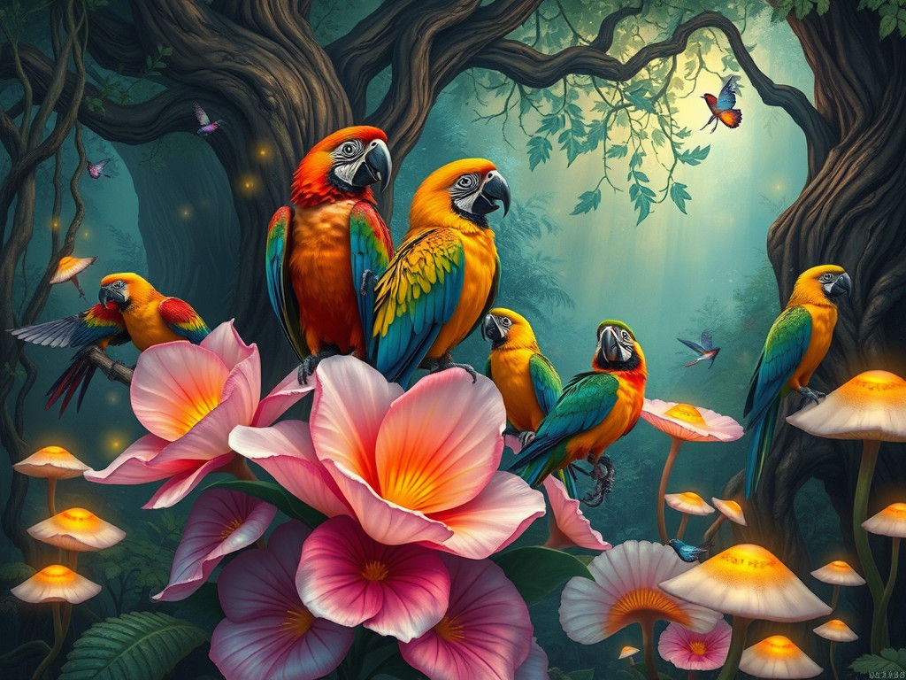 Exotic Birds in Mystical Forest, Surreal Illustration