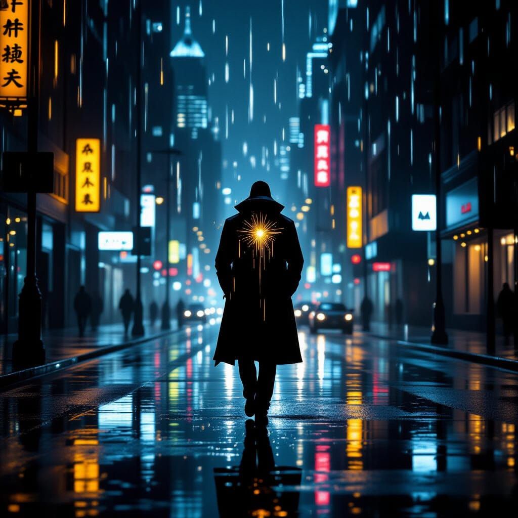 Noir Cityscape: Figure in Rain with Neon Lights