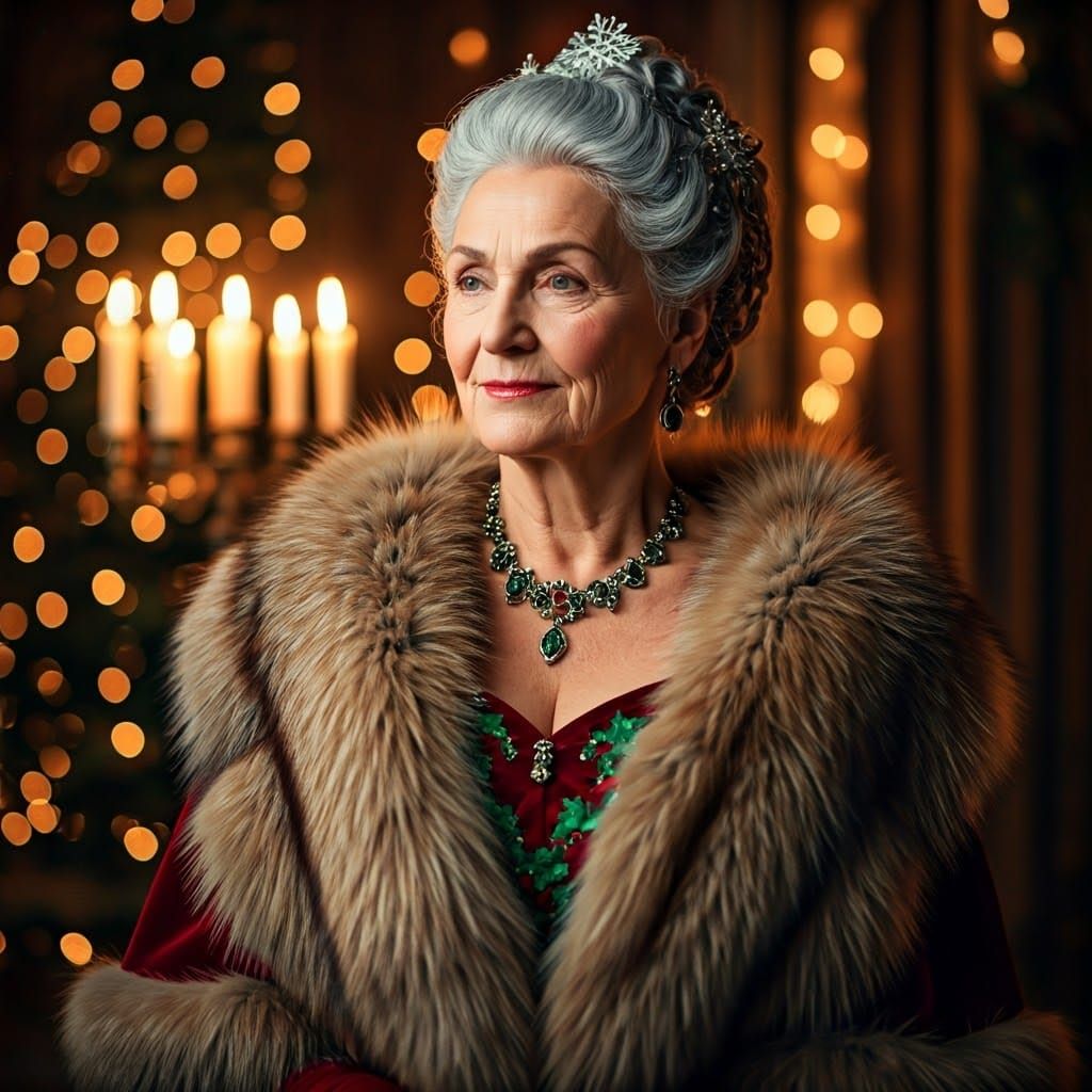 Majestic Lady in Golden Christmas Splendor