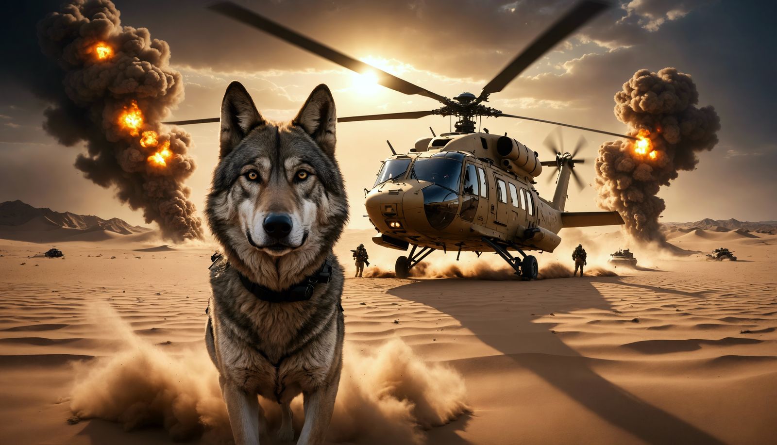 Wolf Guardian in War-Torn Desert Landscape