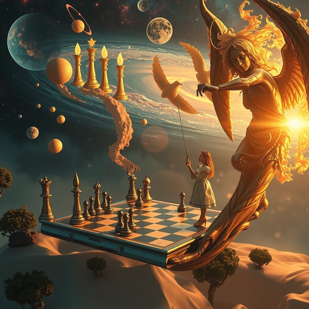 Surreal Chrome Angel of Death in a Galaxy Chessboard Wonderl...