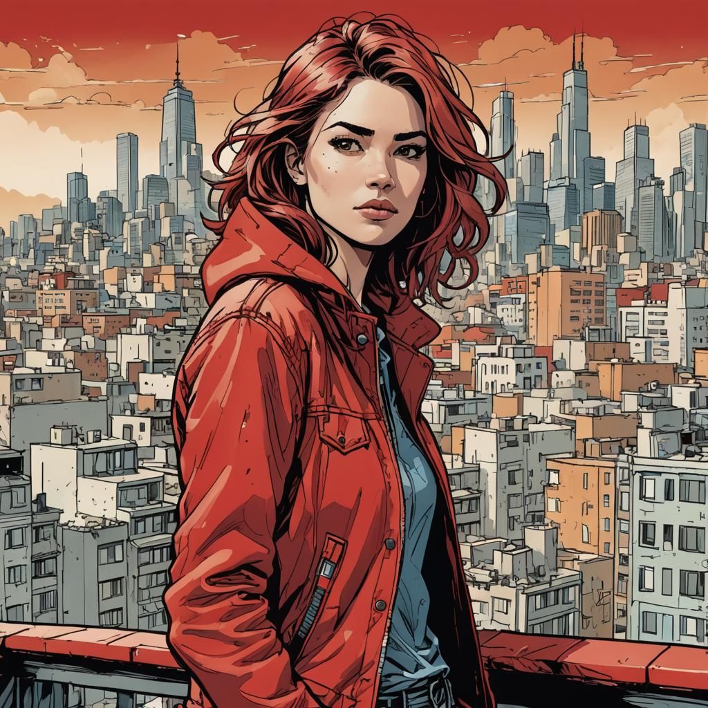 Comic Book Style Woman in Red Jacket