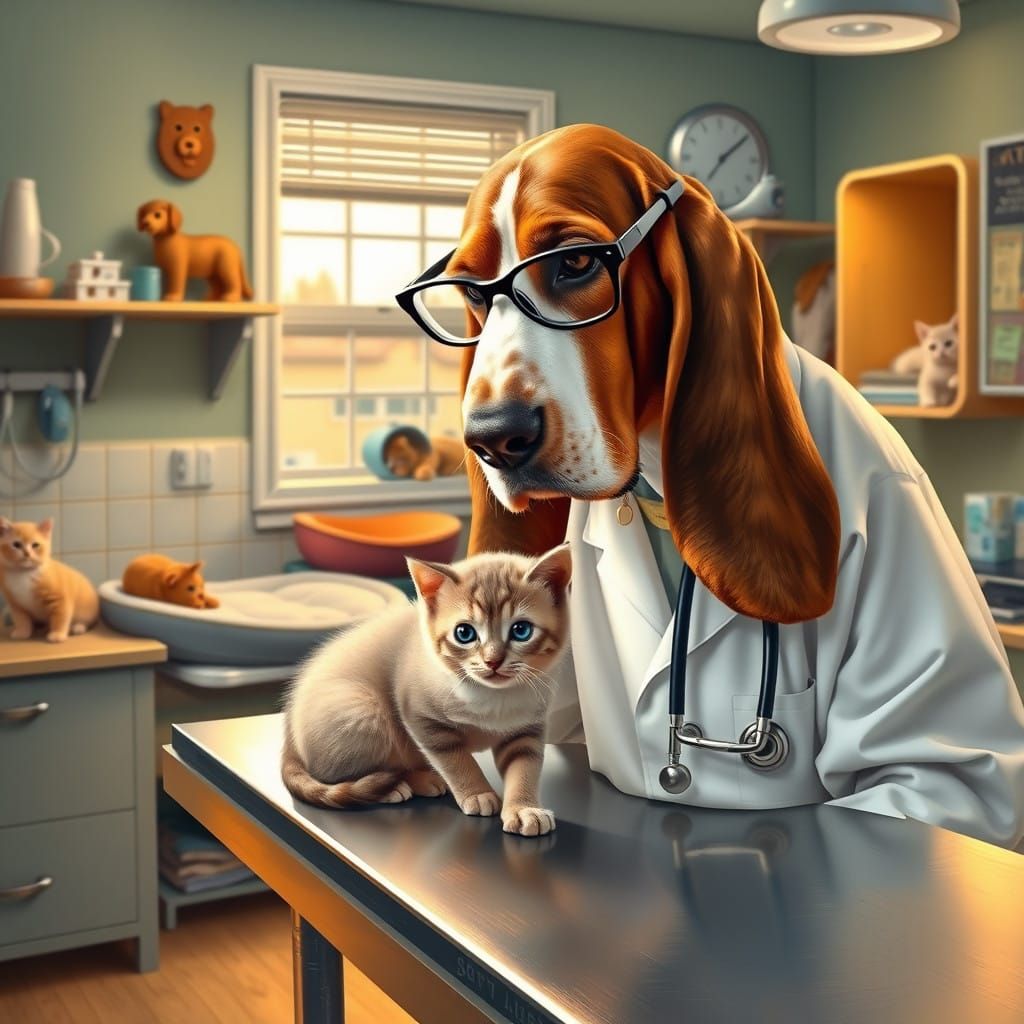 Veterinarian Basset Hound Examines Siamese Kitten in Cozy Ve...