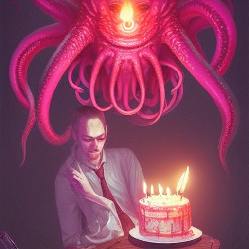 Cthulhu Celebrates with Birthday Cake in WLOP Style