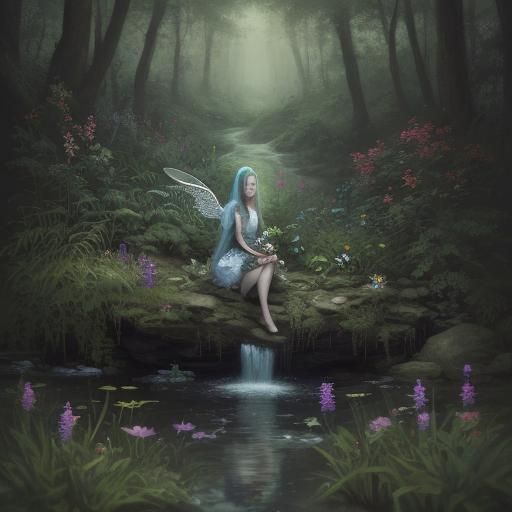 Woodland Nymph Resting by Stream, Hyperrealistic Concept Art