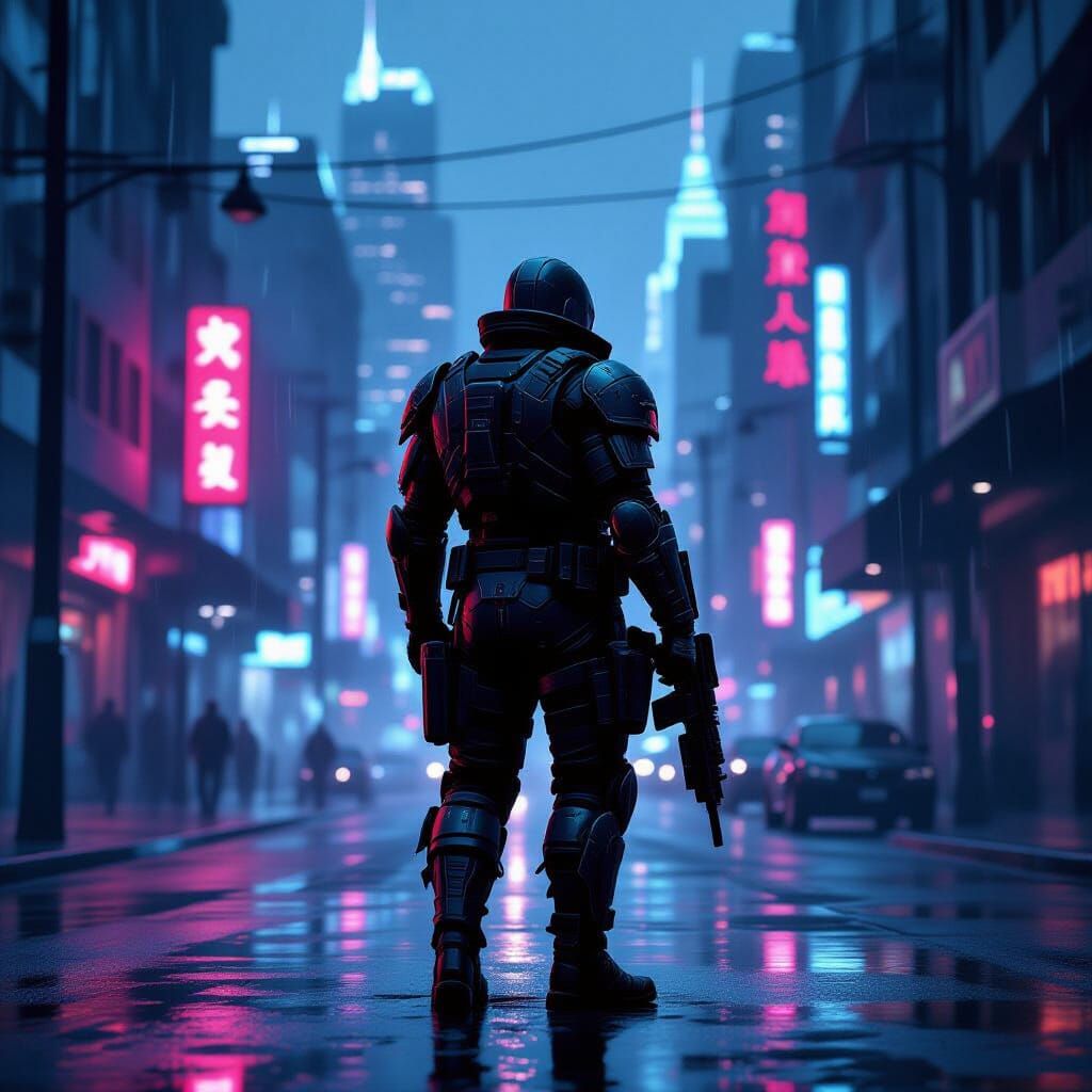 Cyberpunk Soldier Silhouetted Against Neon Metropolis