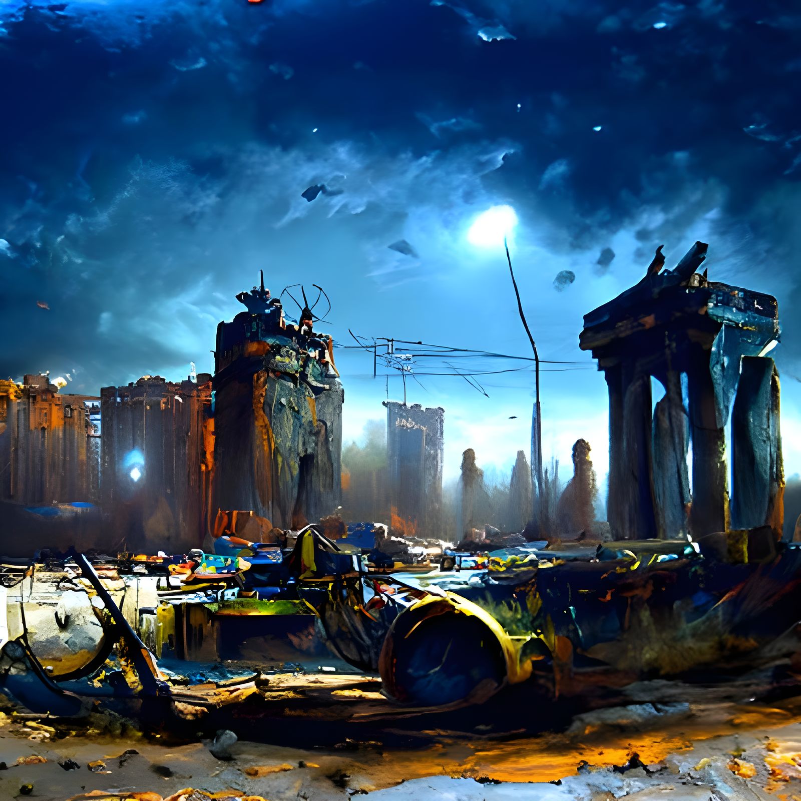 Ruined City at Night: Dystopian Apocalypse Landscape