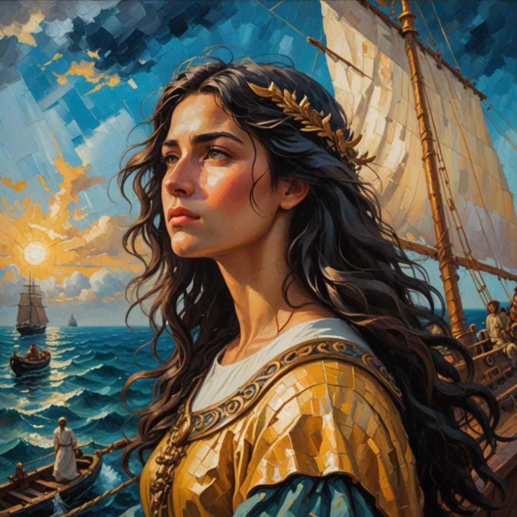 Angel Oversees Roman Ship: Neo-Impressionist Oil Painting