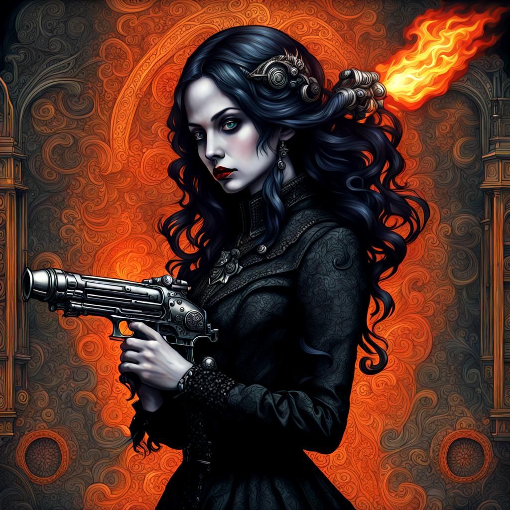 Gothic Woman with Raygun in Fire