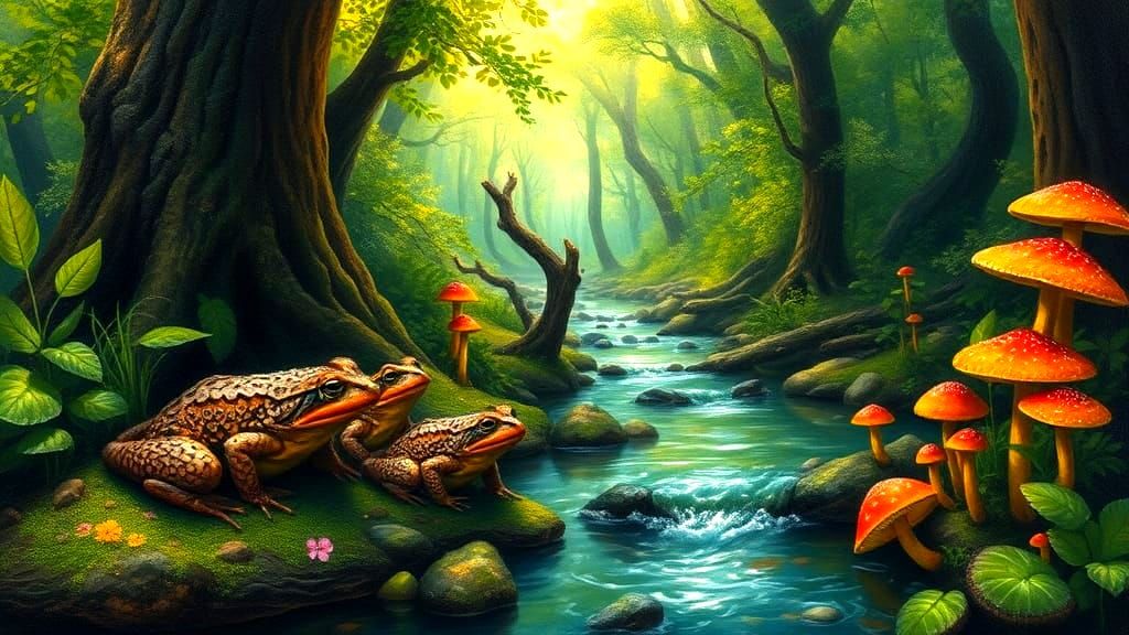 Toads and Toadstools in Forest Stream, Impasto Oil