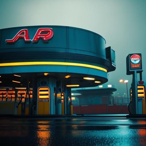 Retro-Futuristic Alien Gas Station at Night
