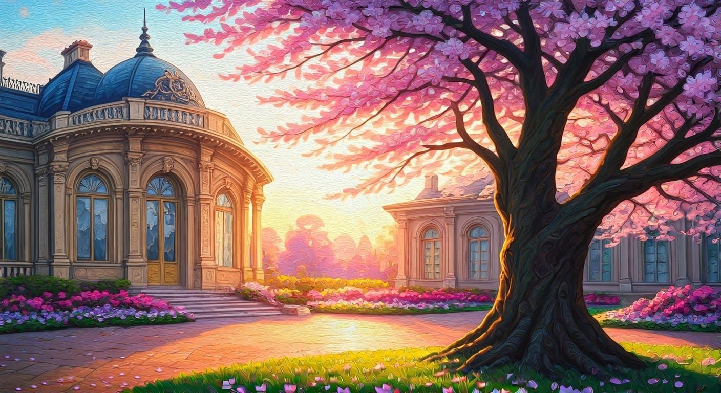 Cherry Blossom Tree in Serene Plush Estate
