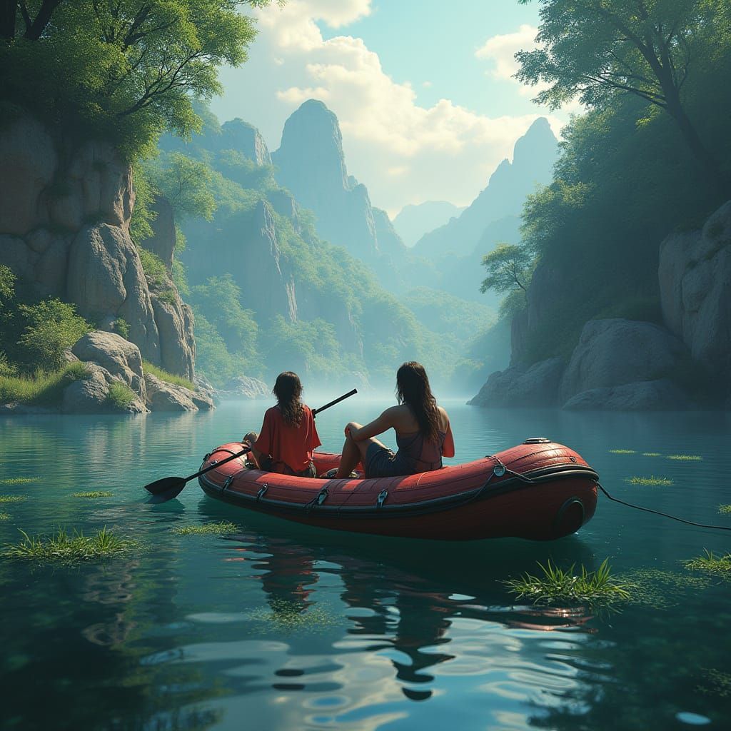 Fantastical River Rafting Scene in Vibrant Colors