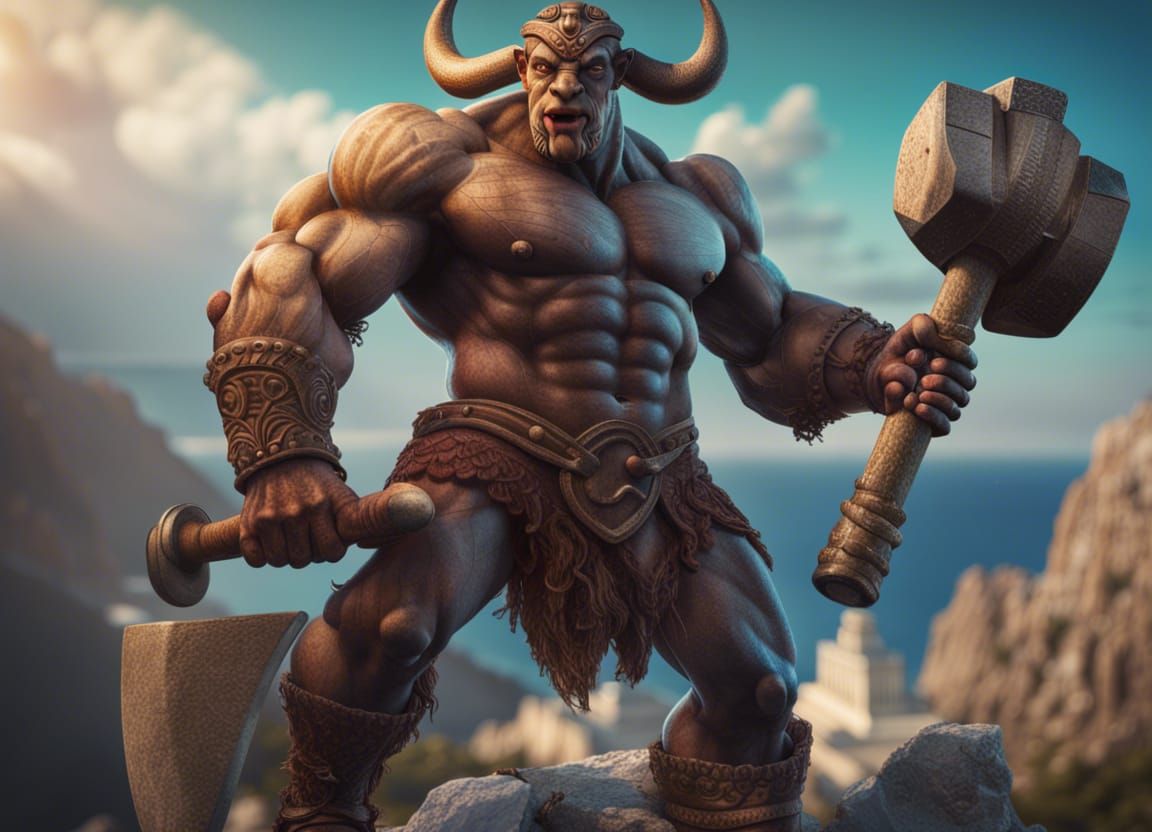 Muscular Minotaur with Hammer Against Greek Islands
