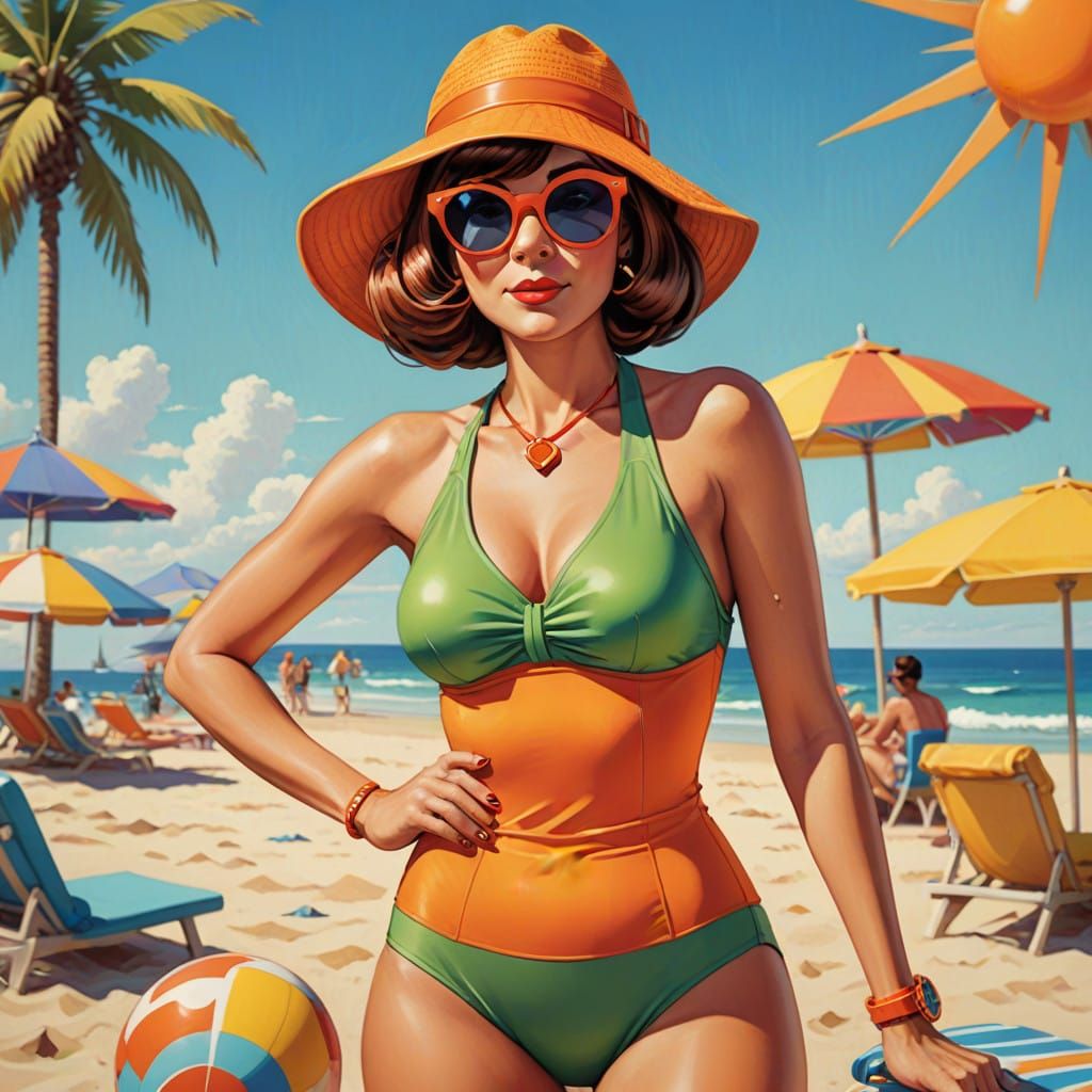 Velma as a Pin-Up Girl in a Vibrant Beach Swimsuit