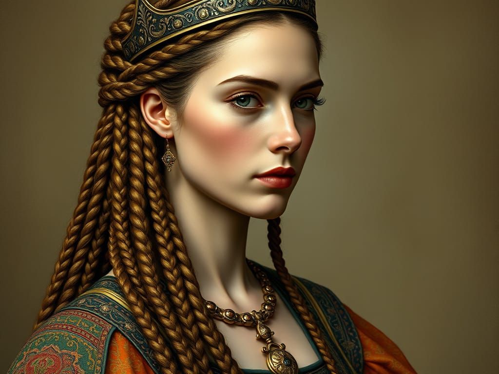 Regal Woman in 9th Century Anglo-Saxon Attire with Intricate...