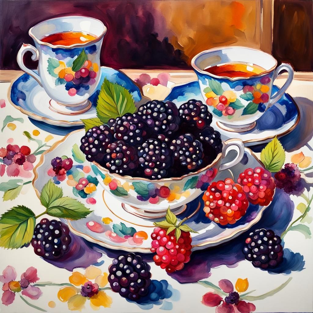 Colorful Blackberry Still Life in Gouache Style