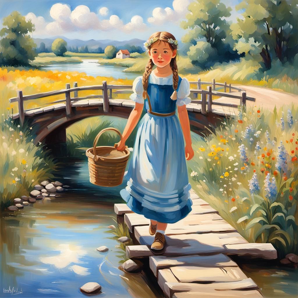 Impressionist Girl with Buckets in Sunlight