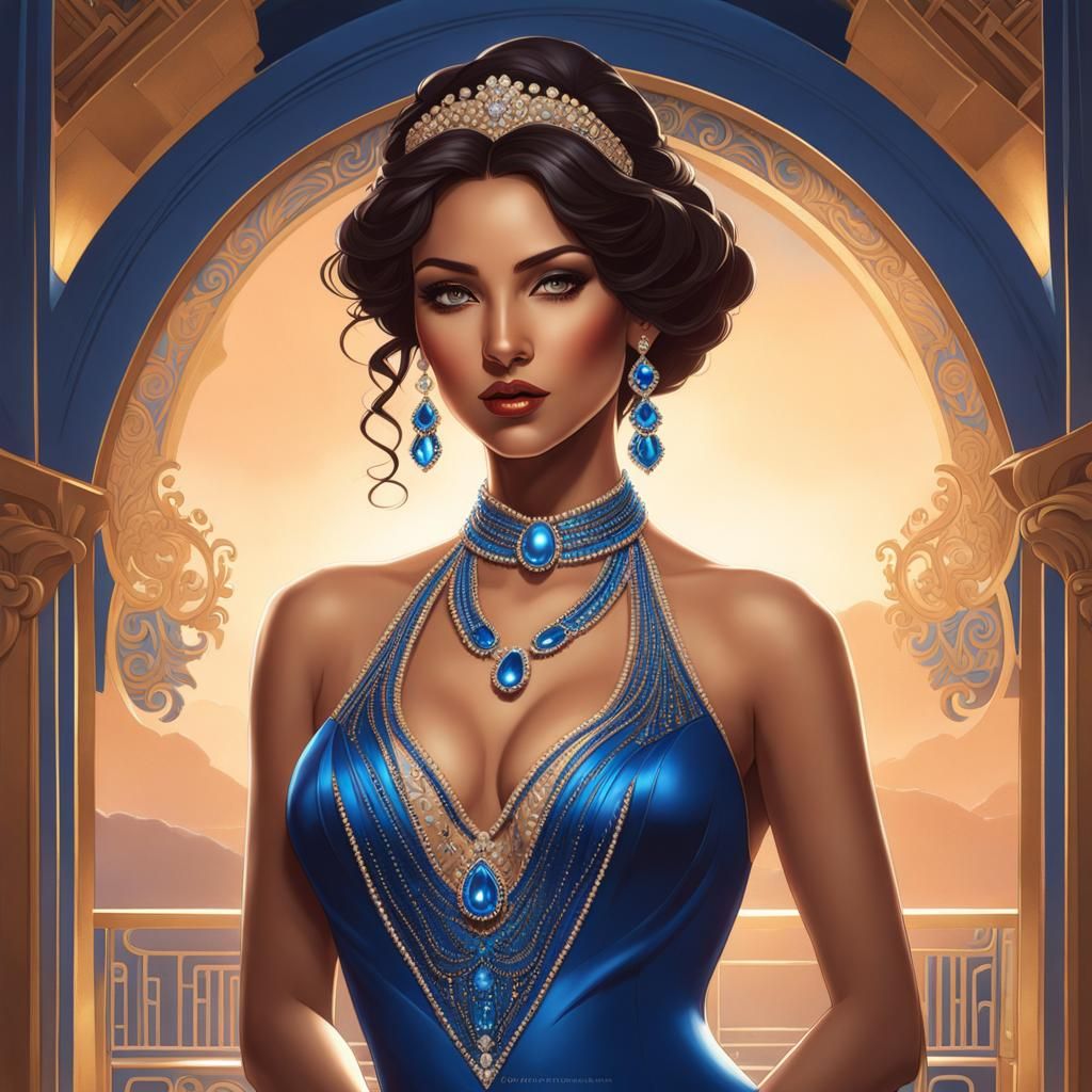 Sapphire Beaded Halter Dress Portrait in Holographic Style