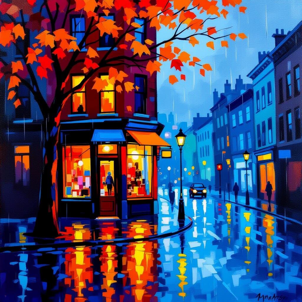 Rainy City Street at Dusk: Impressionistic Oil Painting
