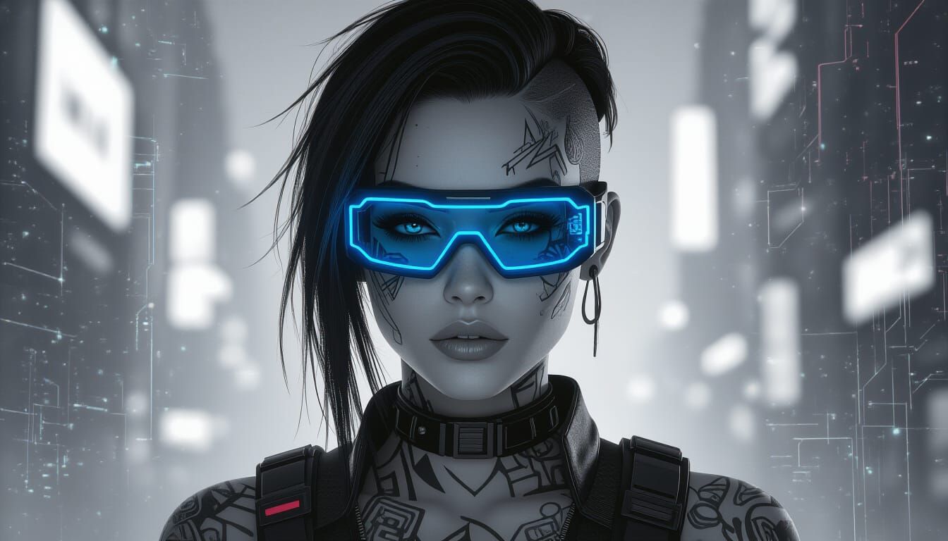 Cyberpunk Girl Portrait in High Contrast Black and White
