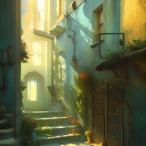 Italian Alley with Blue Door in Impasto Oil Painting Style