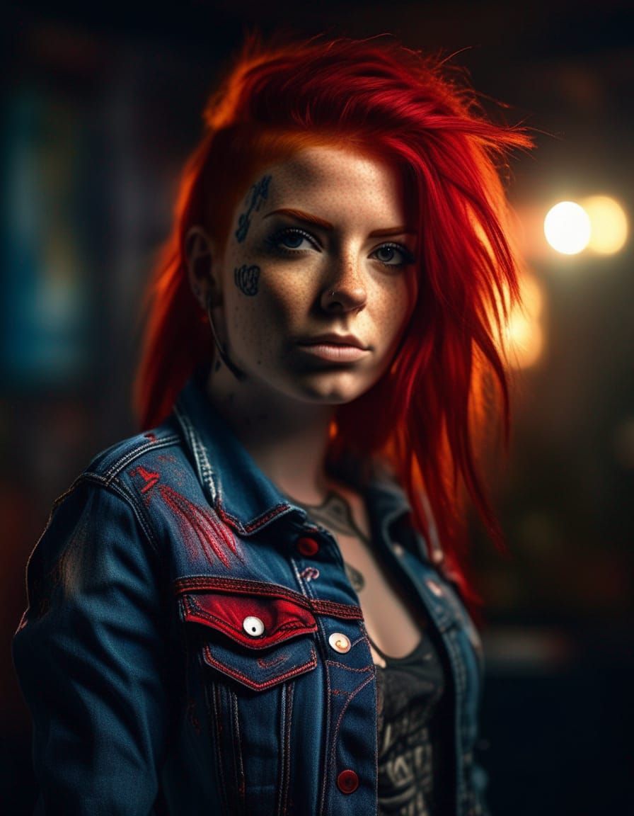 Hyper-Realistic Punk Rocker Girl with Red Hair