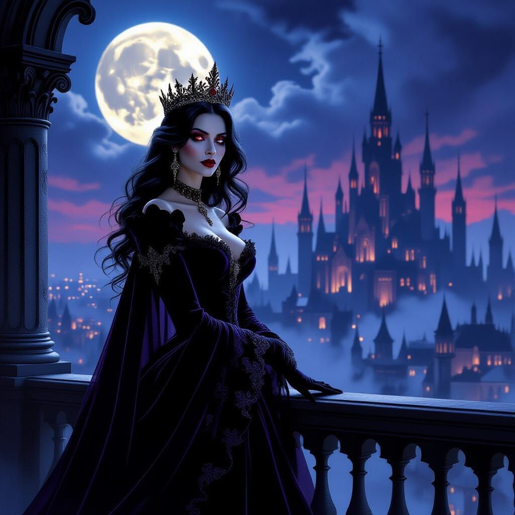 Regal Vampire Queen on Moonlit Gothic Balcony