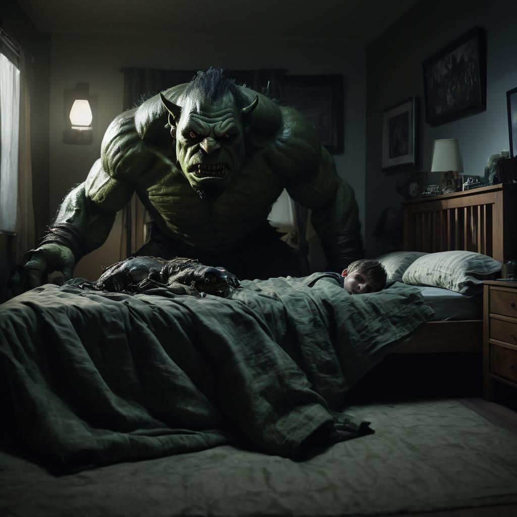 Orc Emerges from Under Bed in Dark Fantasy Style