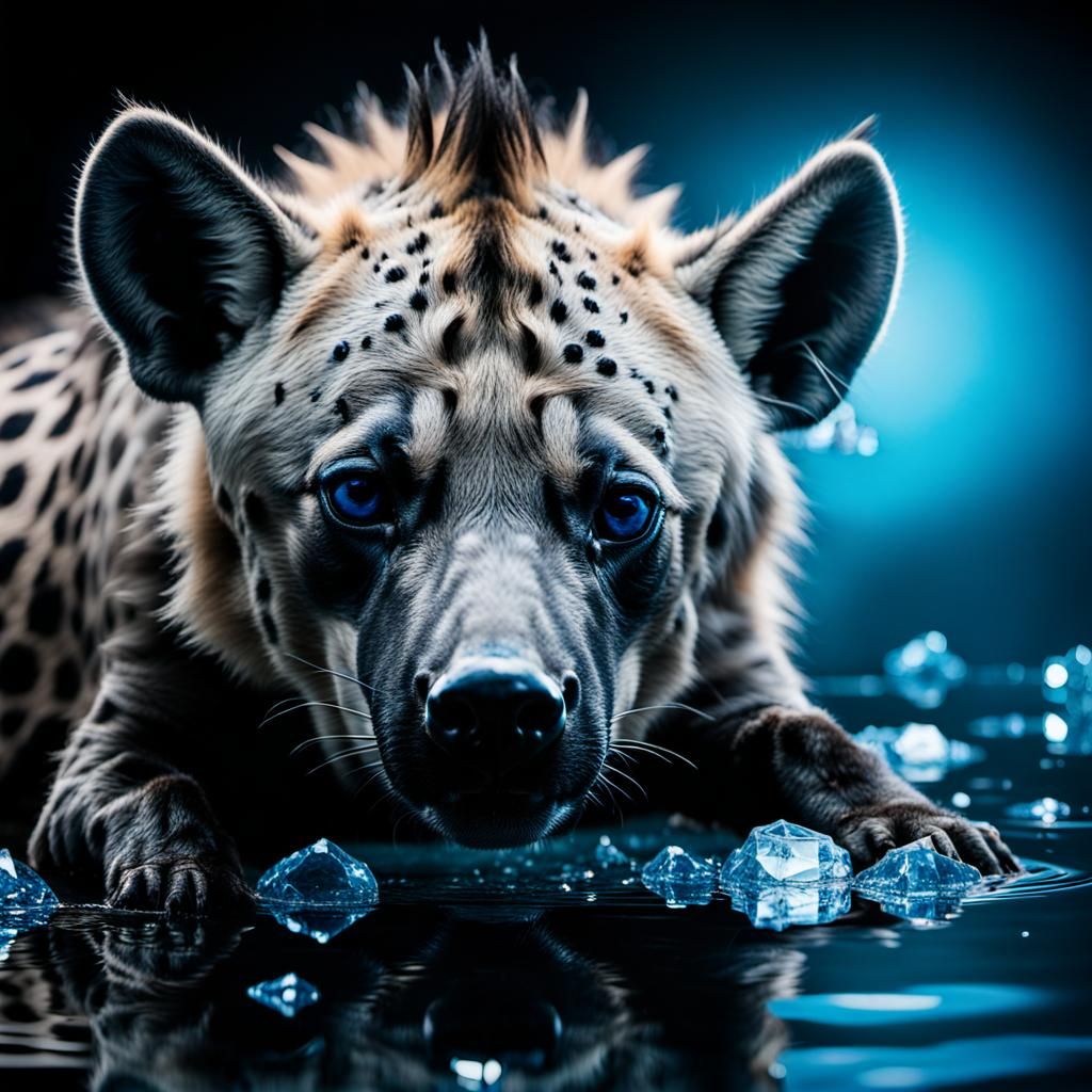 Reflective Blue Crystal Hyena in Black Liquid