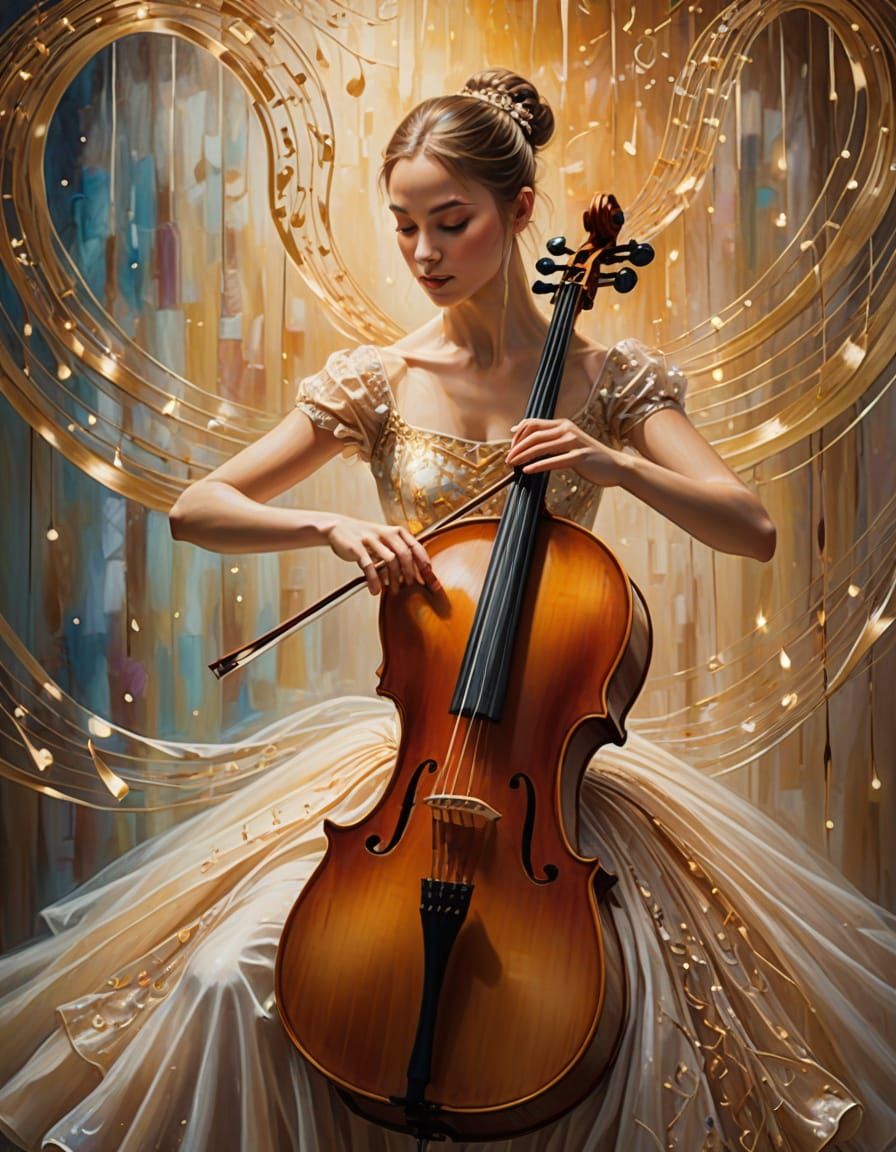 Ballerina Transforms into Cello in Whimsical Fantasy Art