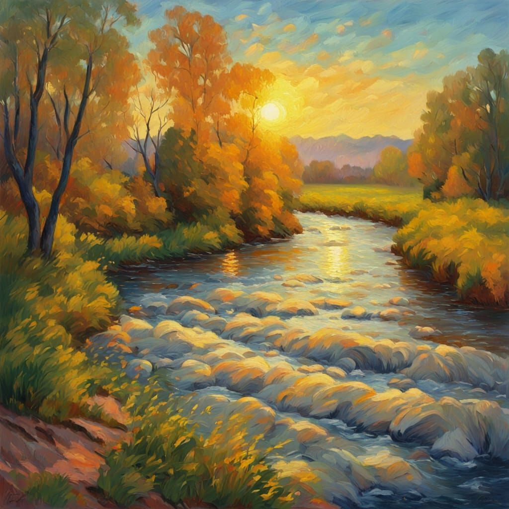 Neo-Impressionist River Landscape at Golden Hour