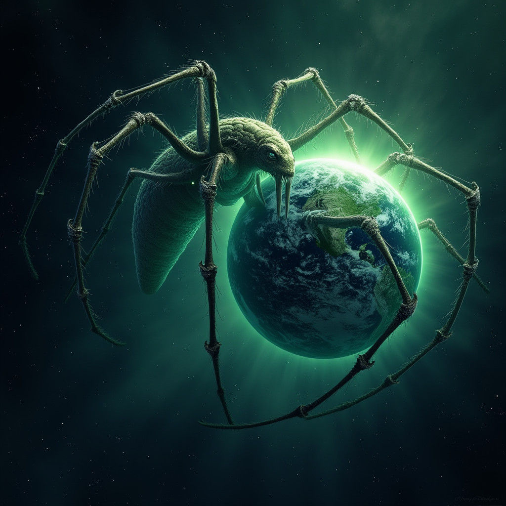 Ominous Alien Spider Envelops Earth in Space