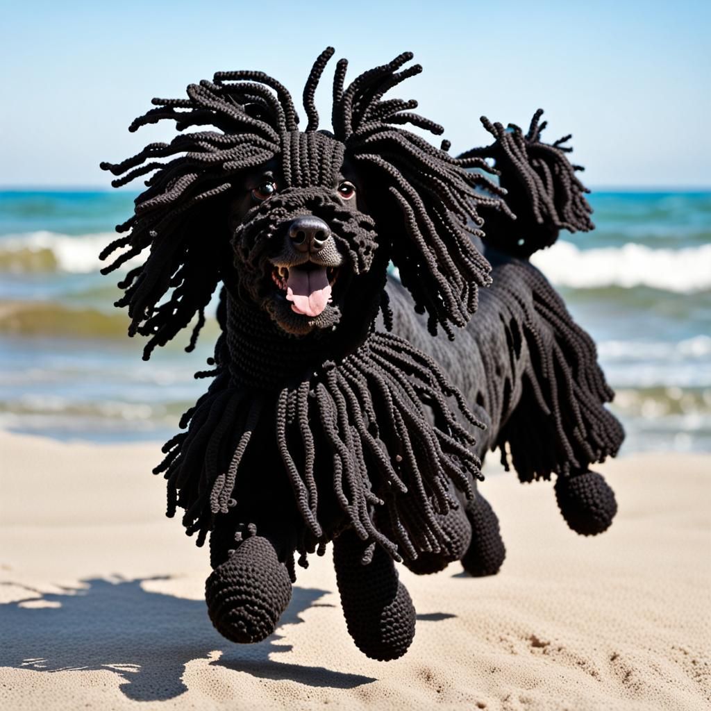 Crochet Puli Dogs Running on Crochet Beach