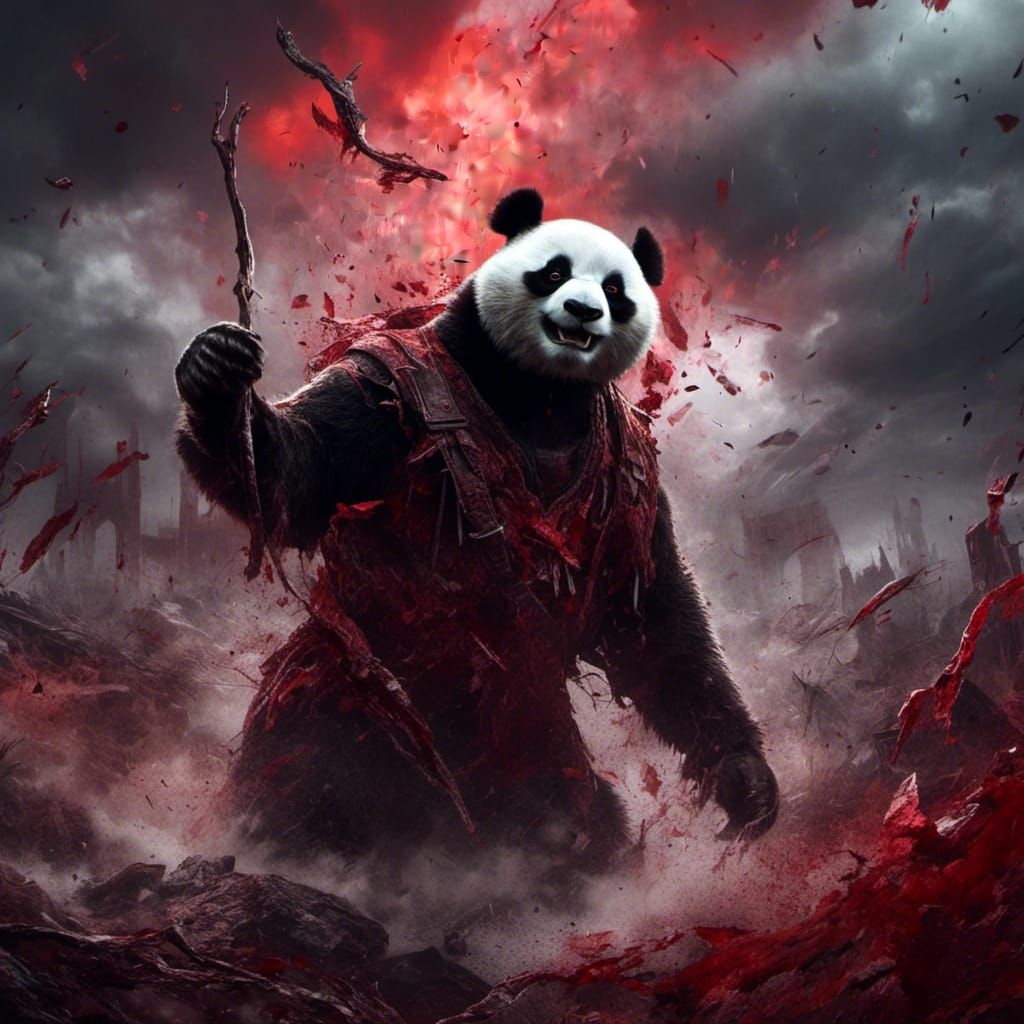 Furious Red-Eyed Panda in Dark Fantasy Style