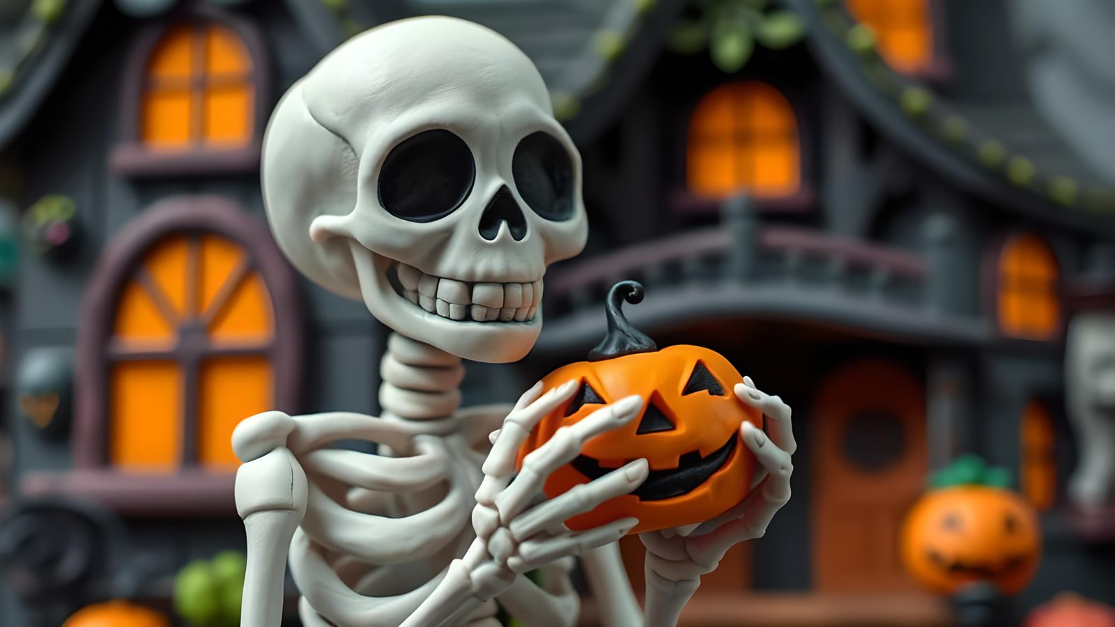 Smiling Claymation Skeleton with Jack-o'-Lantern