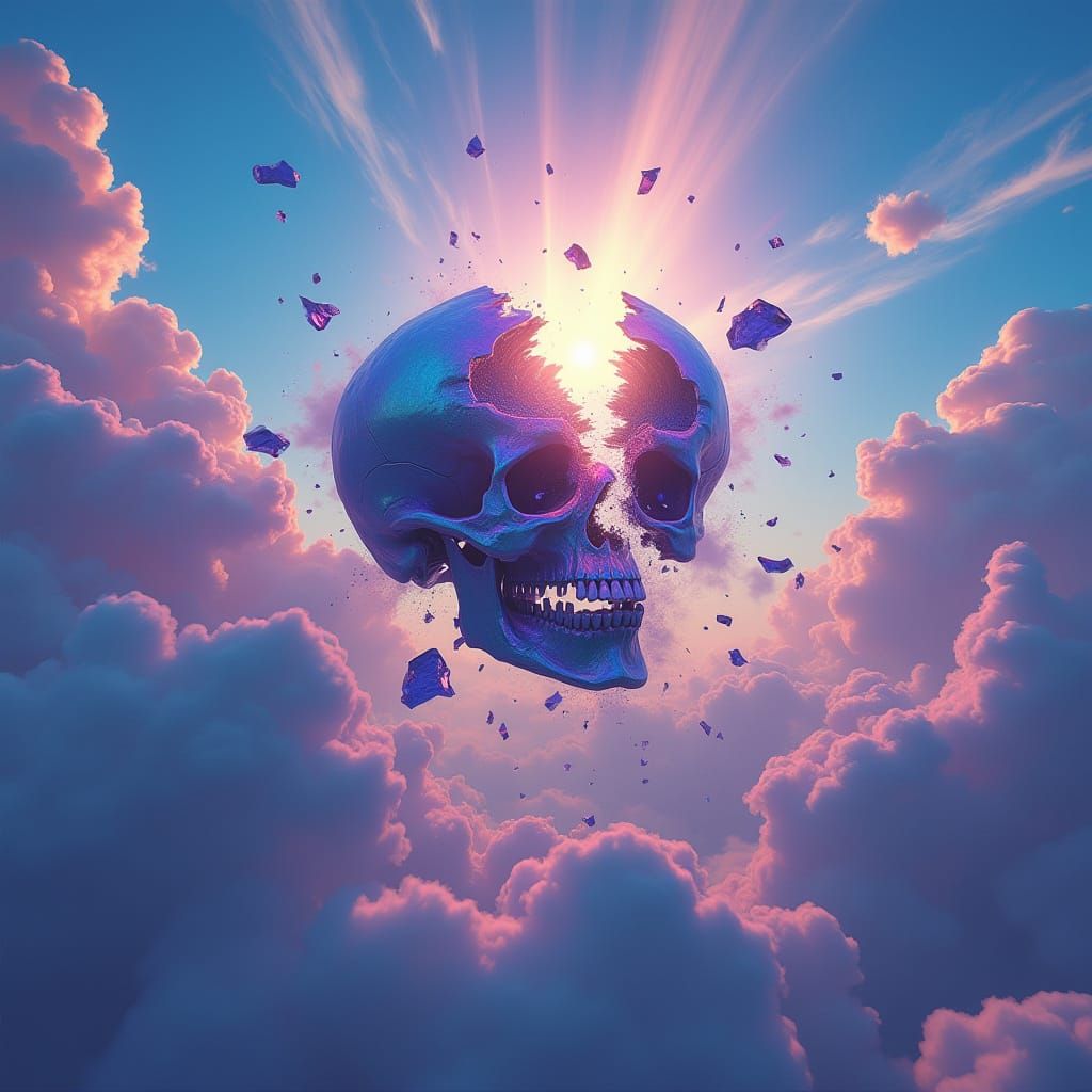Surreal Fantasy Skull Descends Amidst Vortex of Iridescent C...