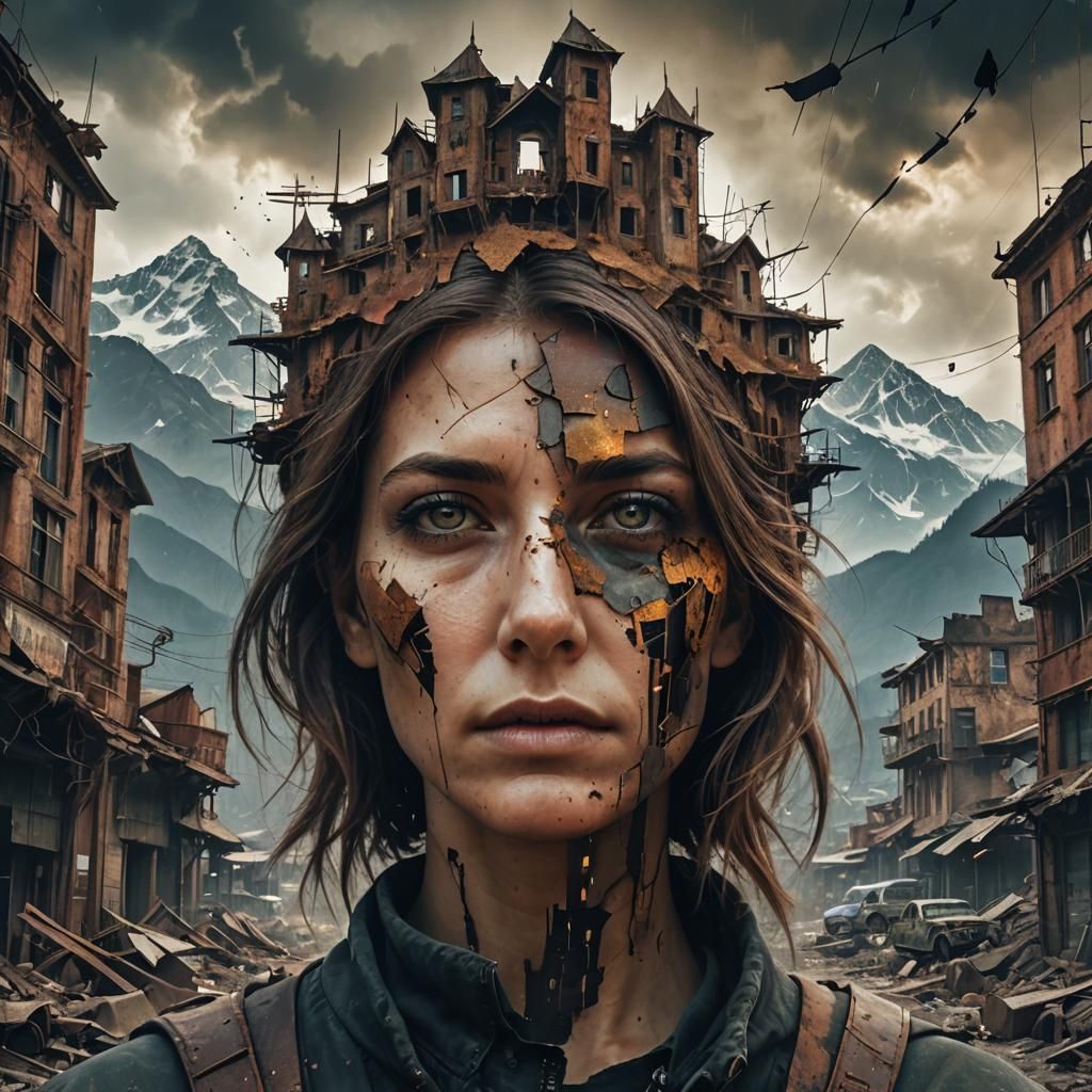 Dystopian. Double exposure of a womans face. Inside her imag...