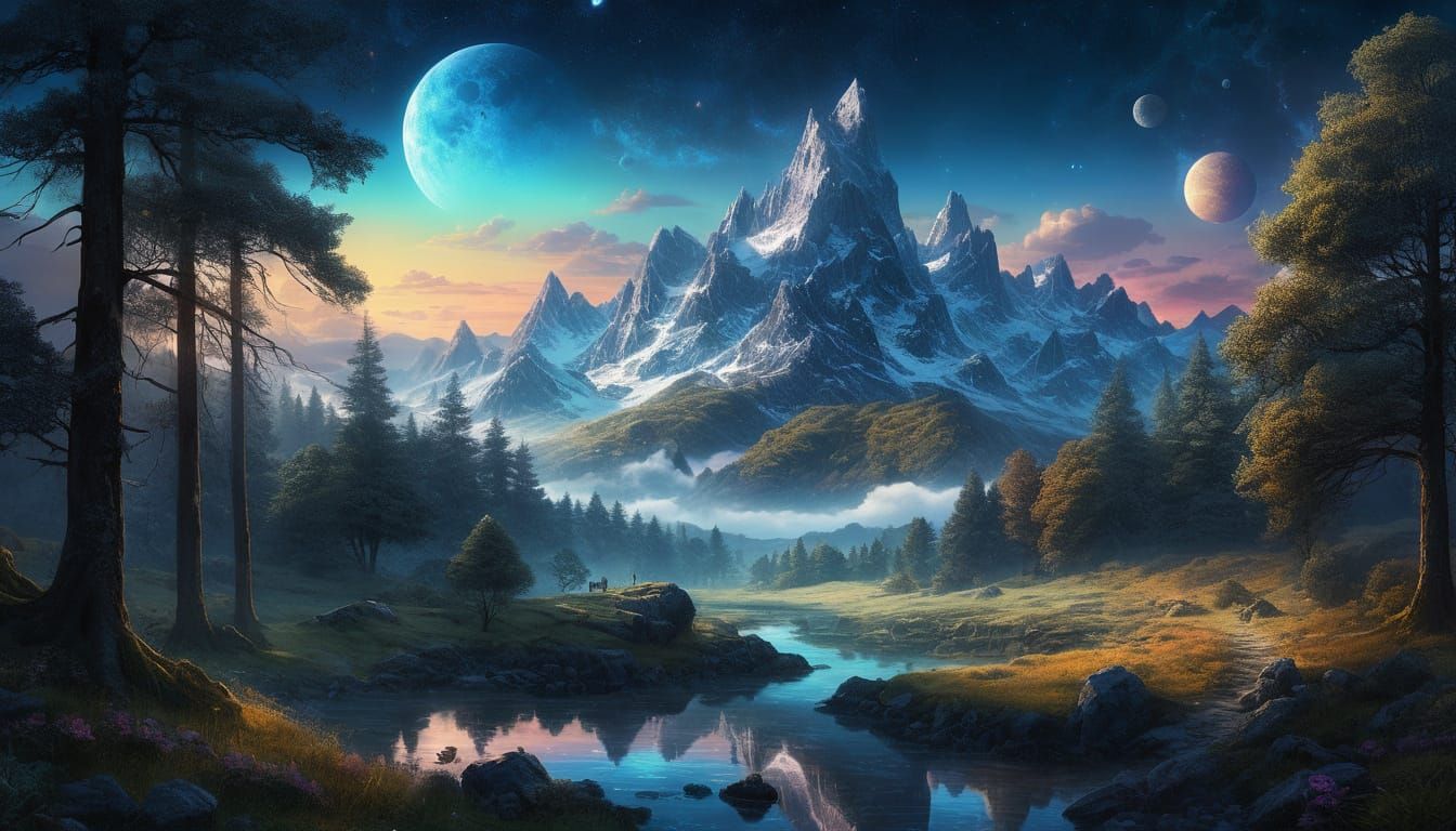 Majestic Ancient Oak Under Starry Skies: Ethereal Fantasy