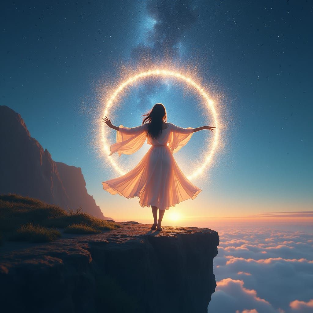 Ethereal Dancer at Edge of Earth in Dreamlike Light