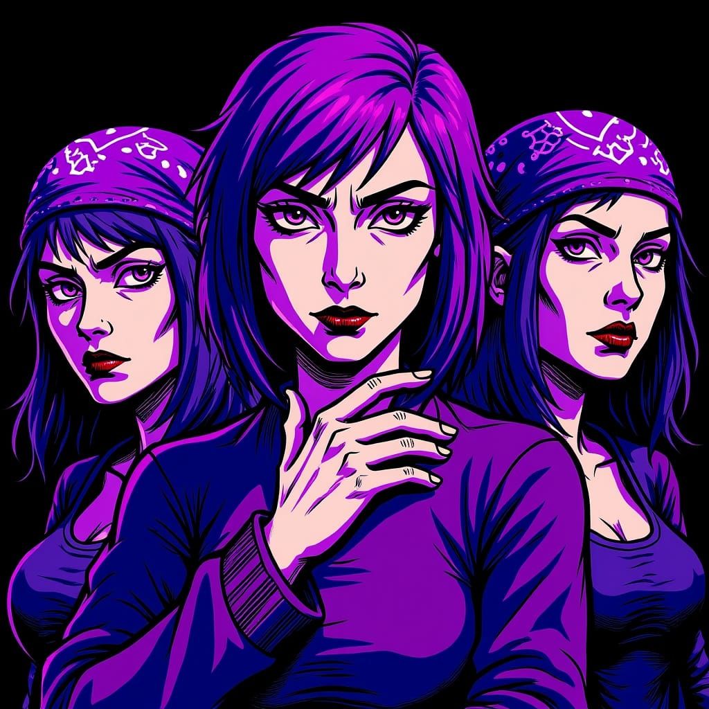 Purple-Haired Leader in Graphic Novel Style