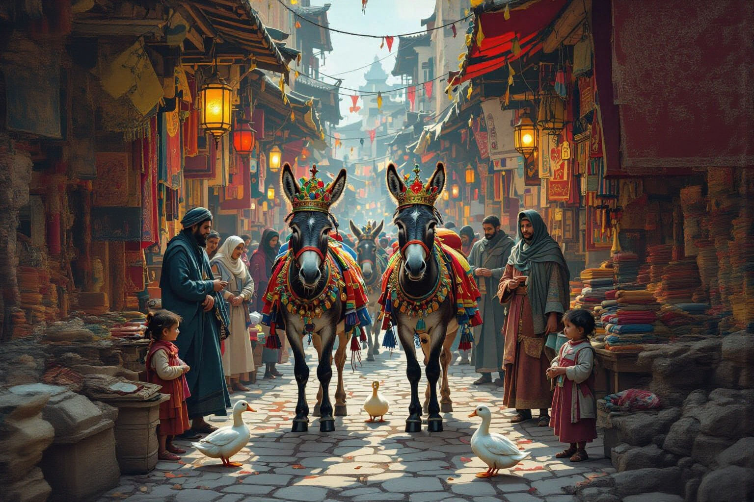Bustling Oriental Bazaar Scene with Donkeys