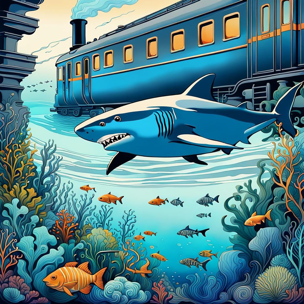 Surreal Shark and Sunken Train Dreamscape