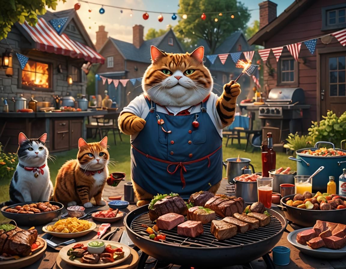 Cartoon Fat Cat BBQ on 4th of July