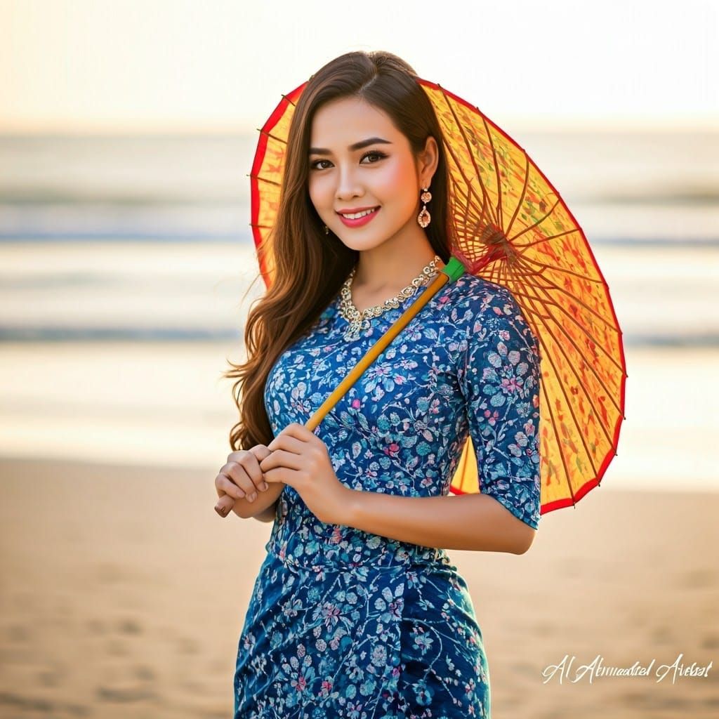 Stunning Burmese Woman with Pathein Umbrella