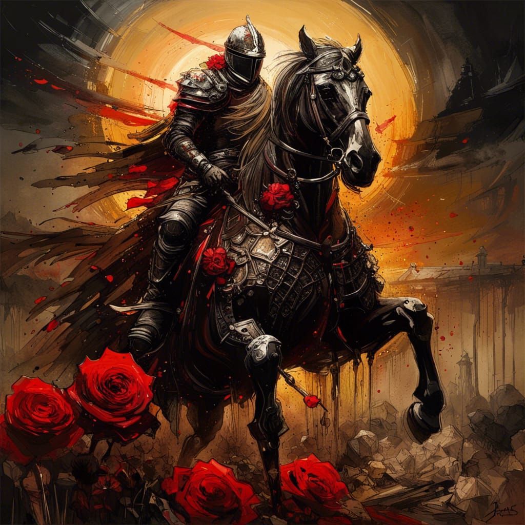 Gothic Knight Rides into Battle Under Golden Sunlight