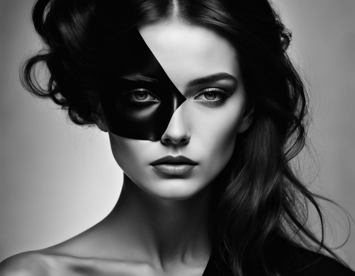 Surrealist Black and White Portrait of a Woman's Face in Noi...