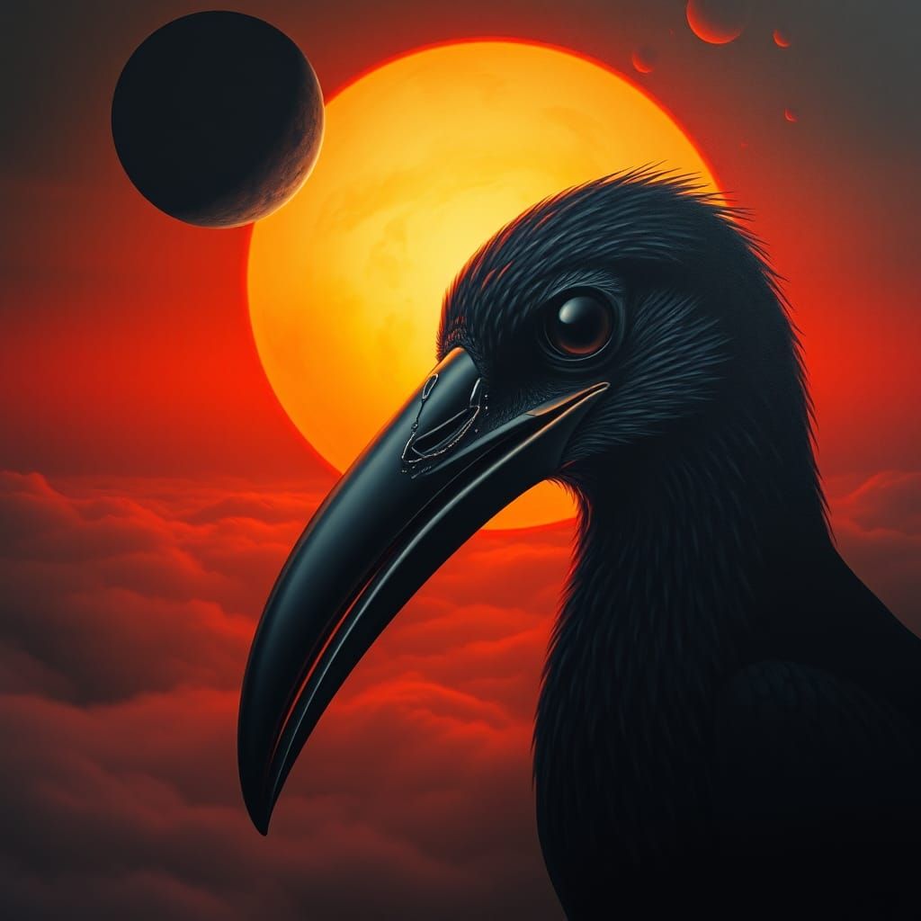 Surreal Bird Portrait with Red Skies and Giant Moon